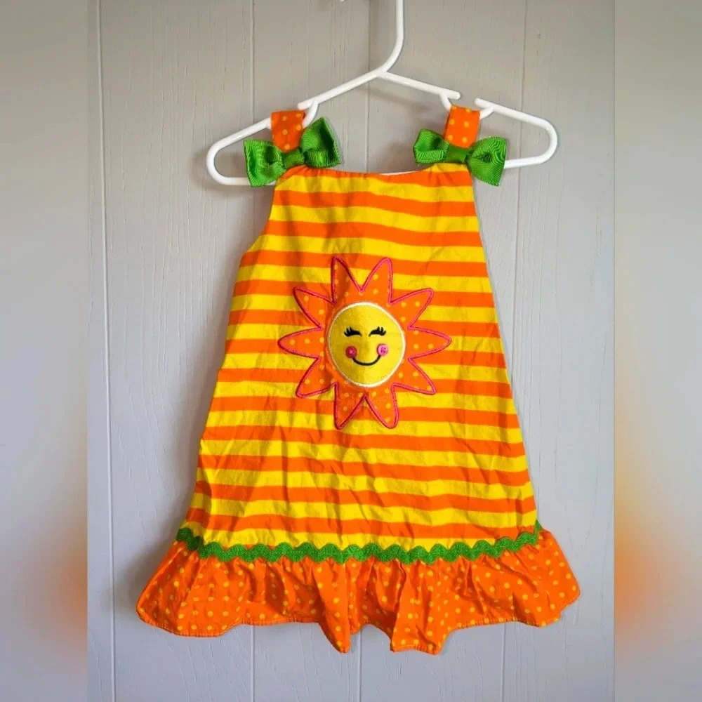 Healthtex Sunshine Dress 24M Toddler Girl Orange Yellow Striped Bow Sun Ruffle